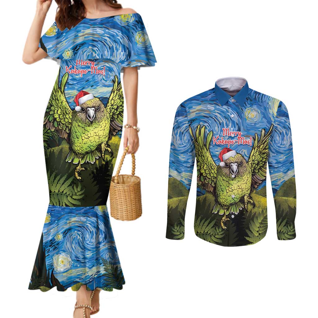 Personalised Jumping Kakapo Christmas Couples Matching Mermaid Dress and Long Sleeve Button Shirt New Zealand Fern - Starry Night Style