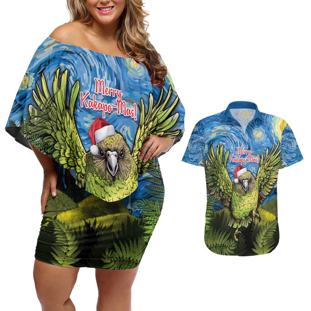 Personalised Jumping Kakapo Christmas Couples Matching Off Shoulder Short Dress and Hawaiian Shirt New Zealand Fern - Starry Night Style