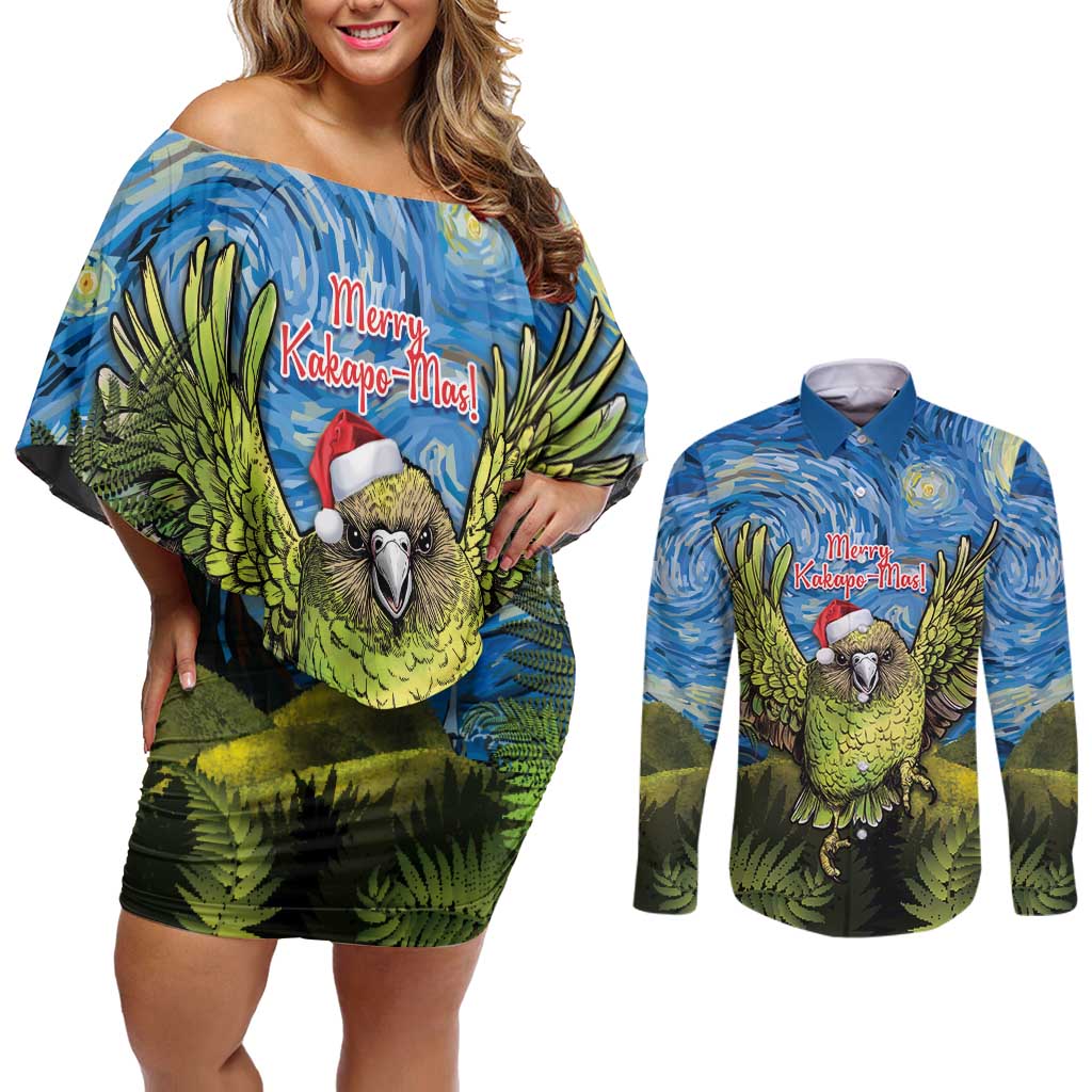 Personalised Jumping Kakapo Christmas Couples Matching Off Shoulder Short Dress and Long Sleeve Button Shirt New Zealand Fern - Starry Night Style LT14 Green - Polynesian Pride