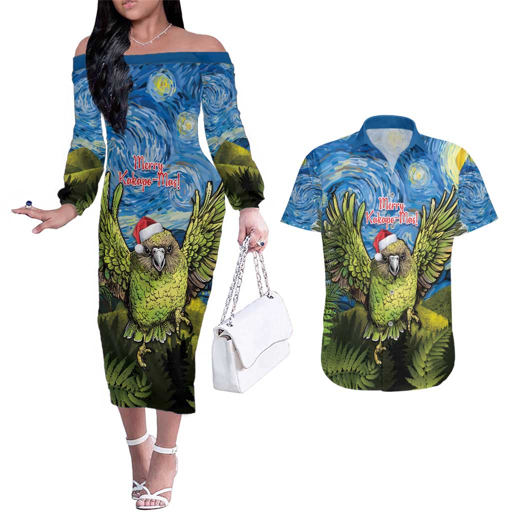 Personalised Jumping Kakapo Christmas Couples Matching Off The Shoulder Long Sleeve Dress and Hawaiian Shirt New Zealand Fern - Starry Night Style