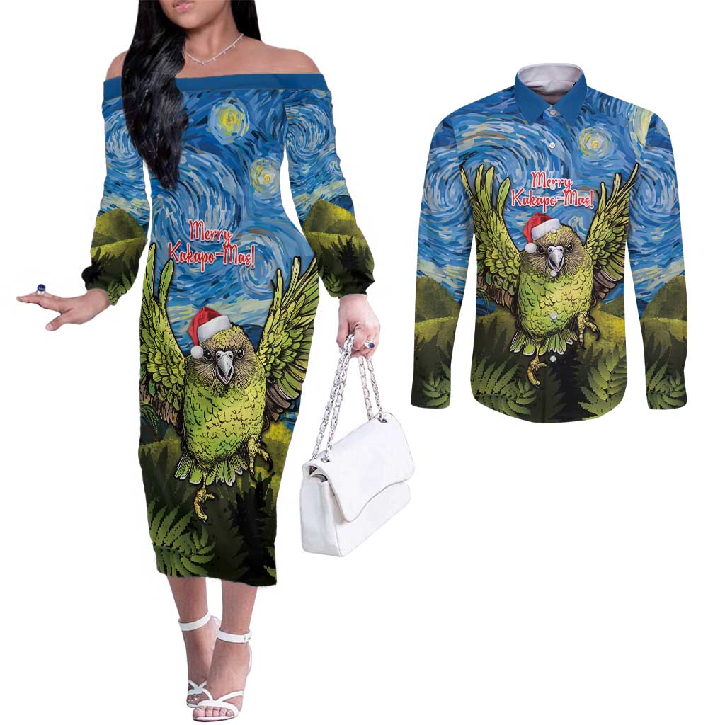 Personalised Jumping Kakapo Christmas Couples Matching Off The Shoulder Long Sleeve Dress and Long Sleeve Button Shirt New Zealand Fern - Starry Night Style