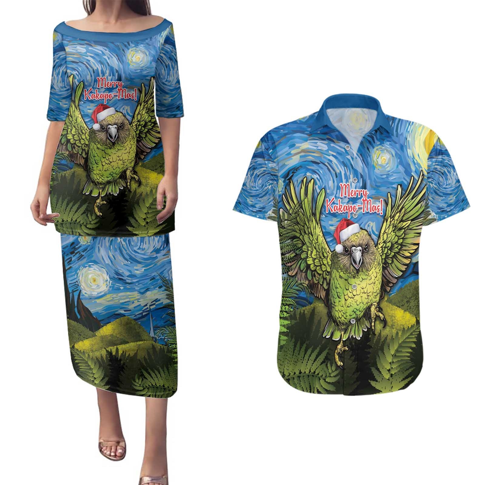 Personalised Jumping Kakapo Christmas Couples Matching Puletasi and Hawaiian Shirt New Zealand Fern - Starry Night Style LT14 Green - Polynesian Pride
