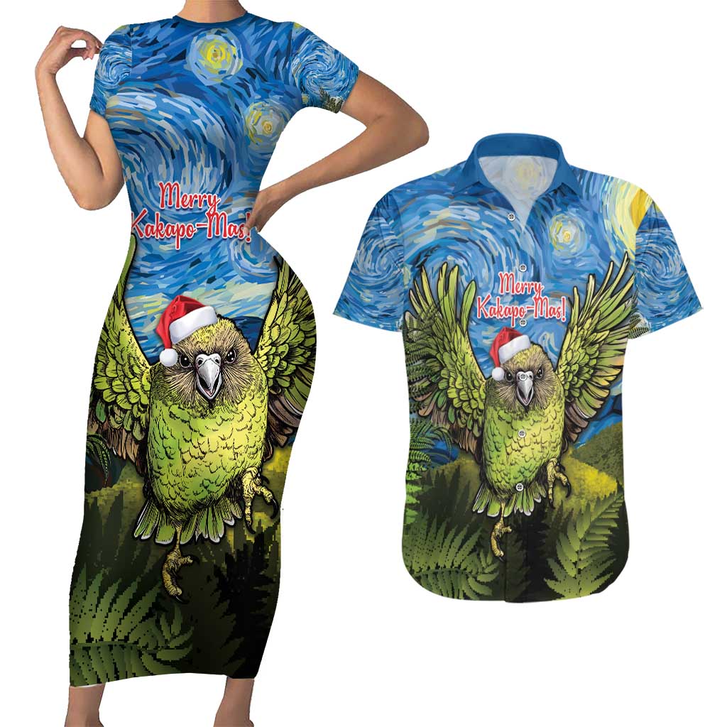 Personalised Jumping Kakapo Christmas Couples Matching Short Sleeve Bodycon Dress and Hawaiian Shirt New Zealand Fern - Starry Night Style LT14 Green - Polynesian Pride