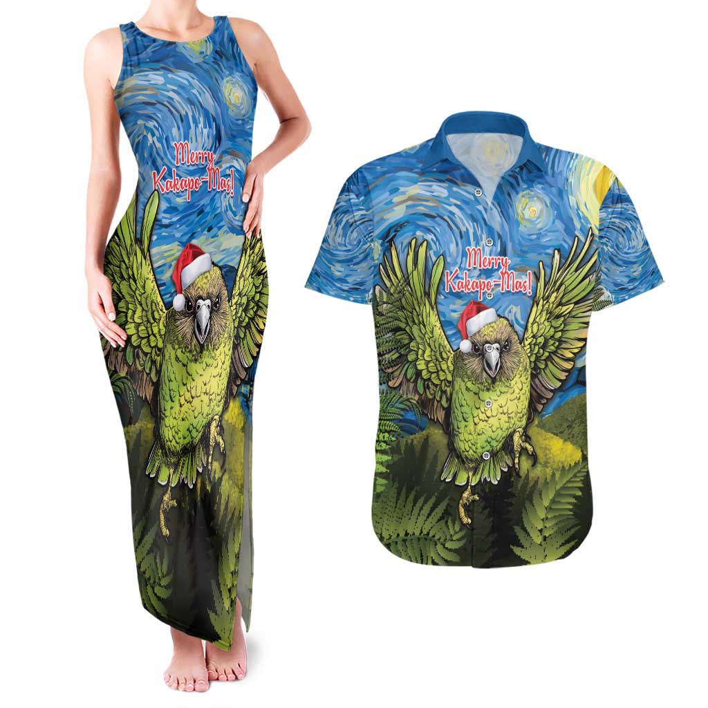 Personalised Jumping Kakapo Christmas Couples Matching Tank Maxi Dress and Hawaiian Shirt New Zealand Fern - Starry Night Style