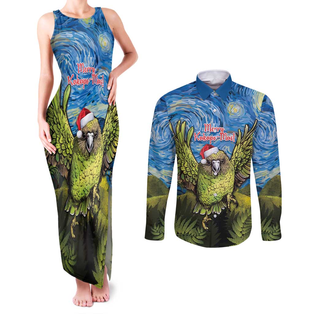 Personalised Jumping Kakapo Christmas Couples Matching Tank Maxi Dress and Long Sleeve Button Shirt New Zealand Fern - Starry Night Style LT14 Green - Polynesian Pride