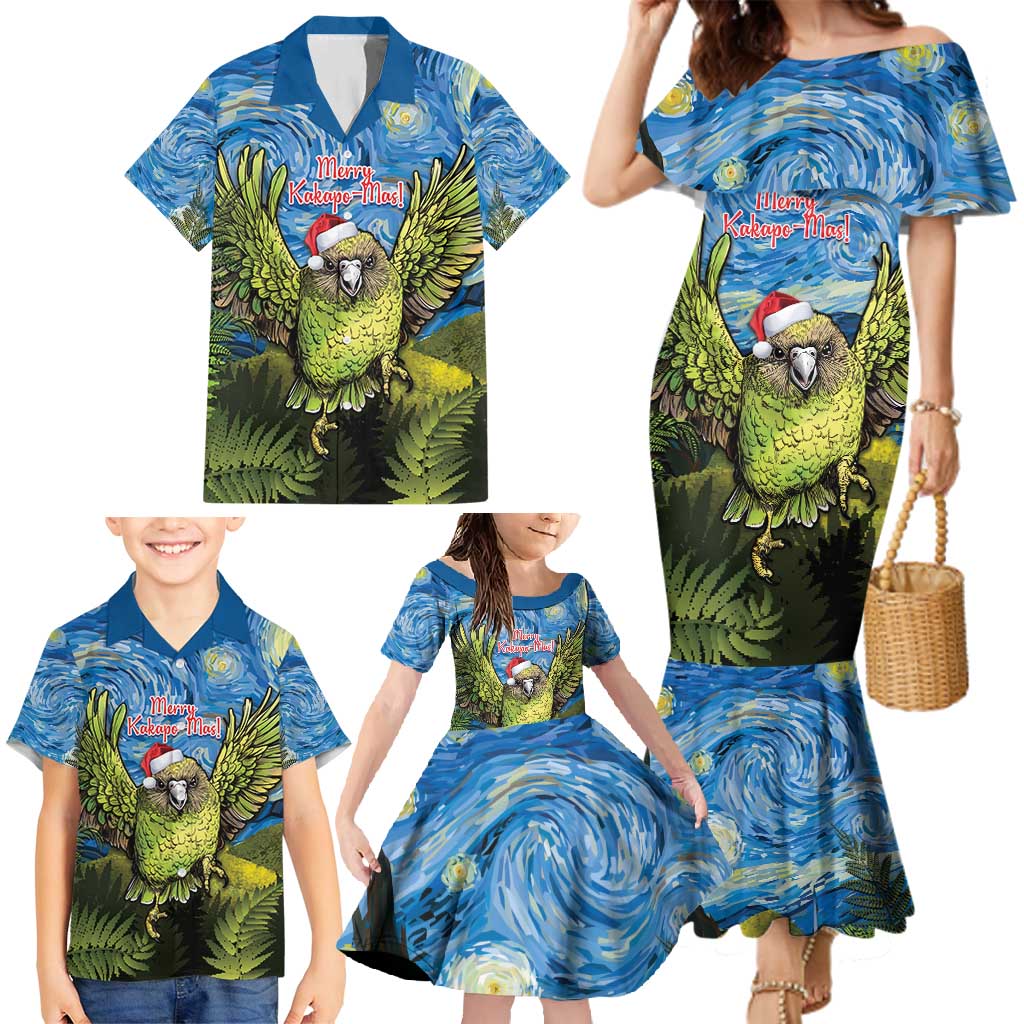 Personalised Jumping Kakapo Christmas Family Matching Mermaid Dress and Hawaiian Shirt New Zealand Fern - Starry Night Style