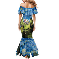 Personalised Jumping Kakapo Christmas Family Matching Mermaid Dress and Hawaiian Shirt New Zealand Fern - Starry Night Style