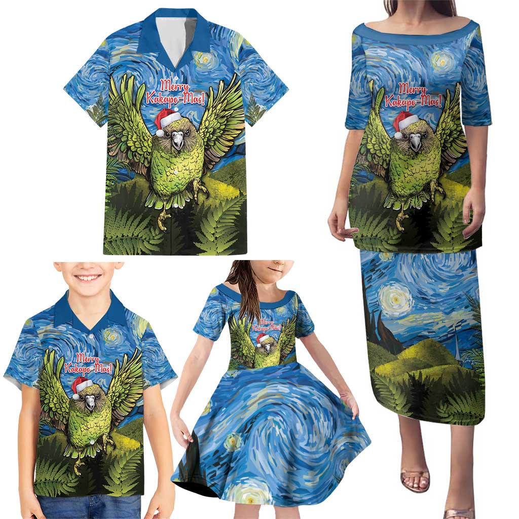 Personalised Jumping Kakapo Christmas Family Matching Puletasi and Hawaiian Shirt New Zealand Fern - Starry Night Style