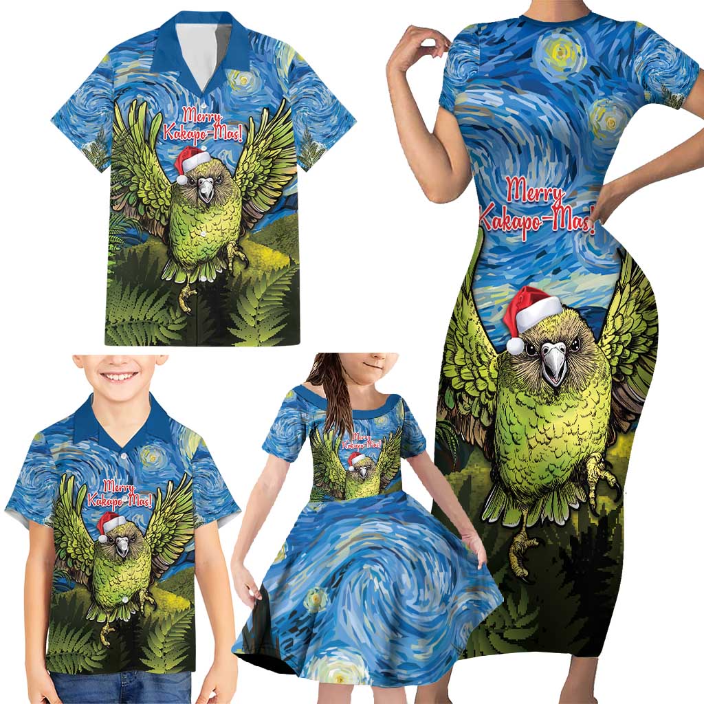 Personalised Jumping Kakapo Christmas Family Matching Short Sleeve Bodycon Dress and Hawaiian Shirt New Zealand Fern - Starry Night Style