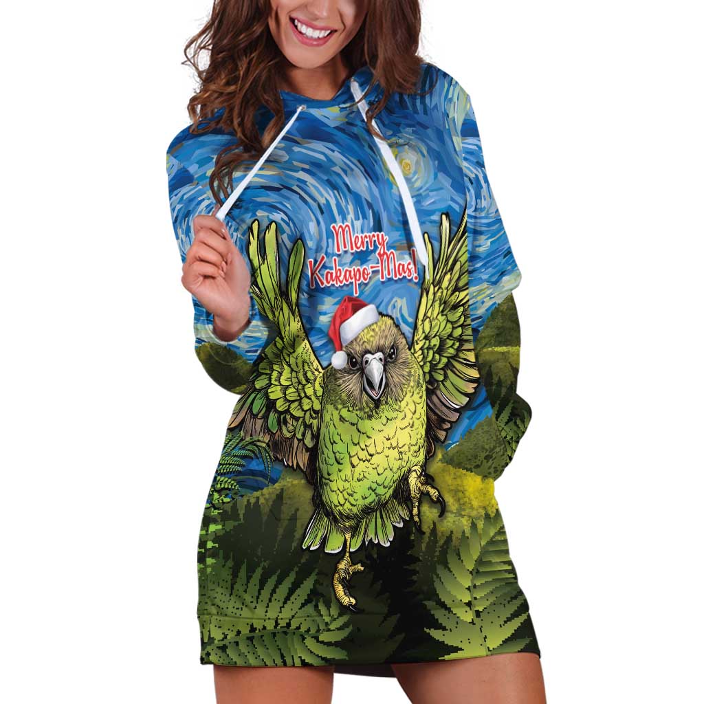 Personalised Jumping Kakapo Christmas Hoodie Dress New Zealand Fern - Starry Night Style