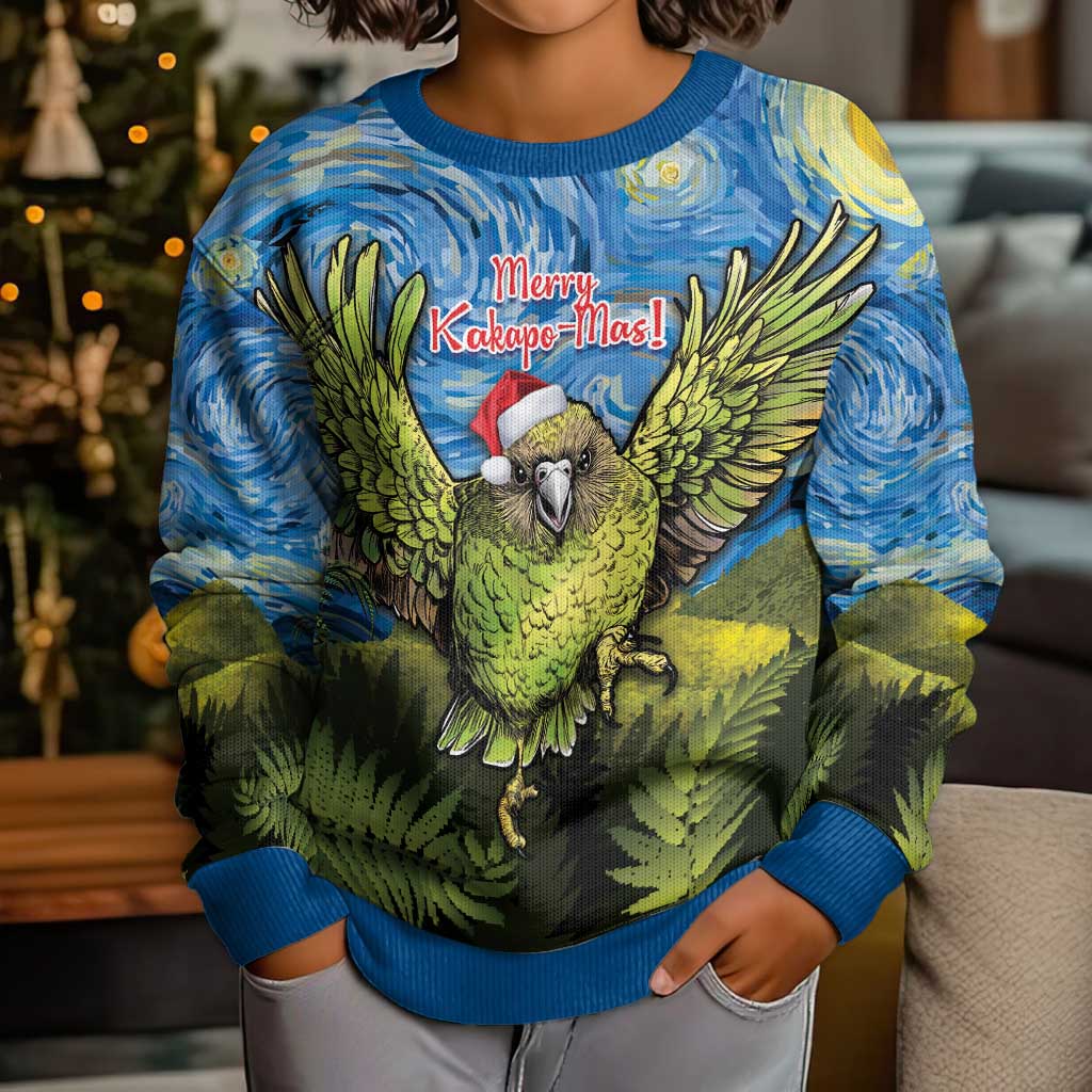 Personalised Jumping Kakapo Christmas Kid Ugly Christmas Sweater New Zealand Fern - Starry Night Style