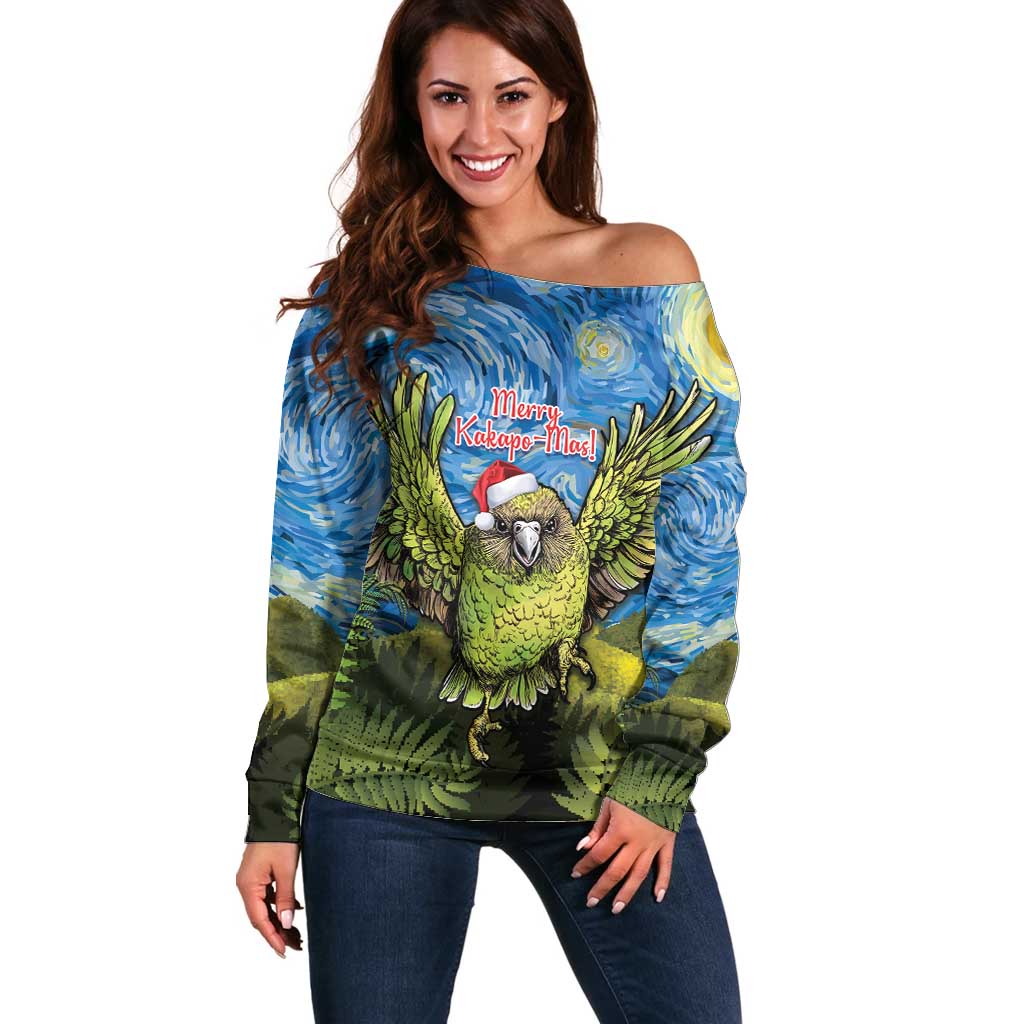 Personalised Jumping Kakapo Christmas Off Shoulder Sweater New Zealand Fern - Starry Night Style