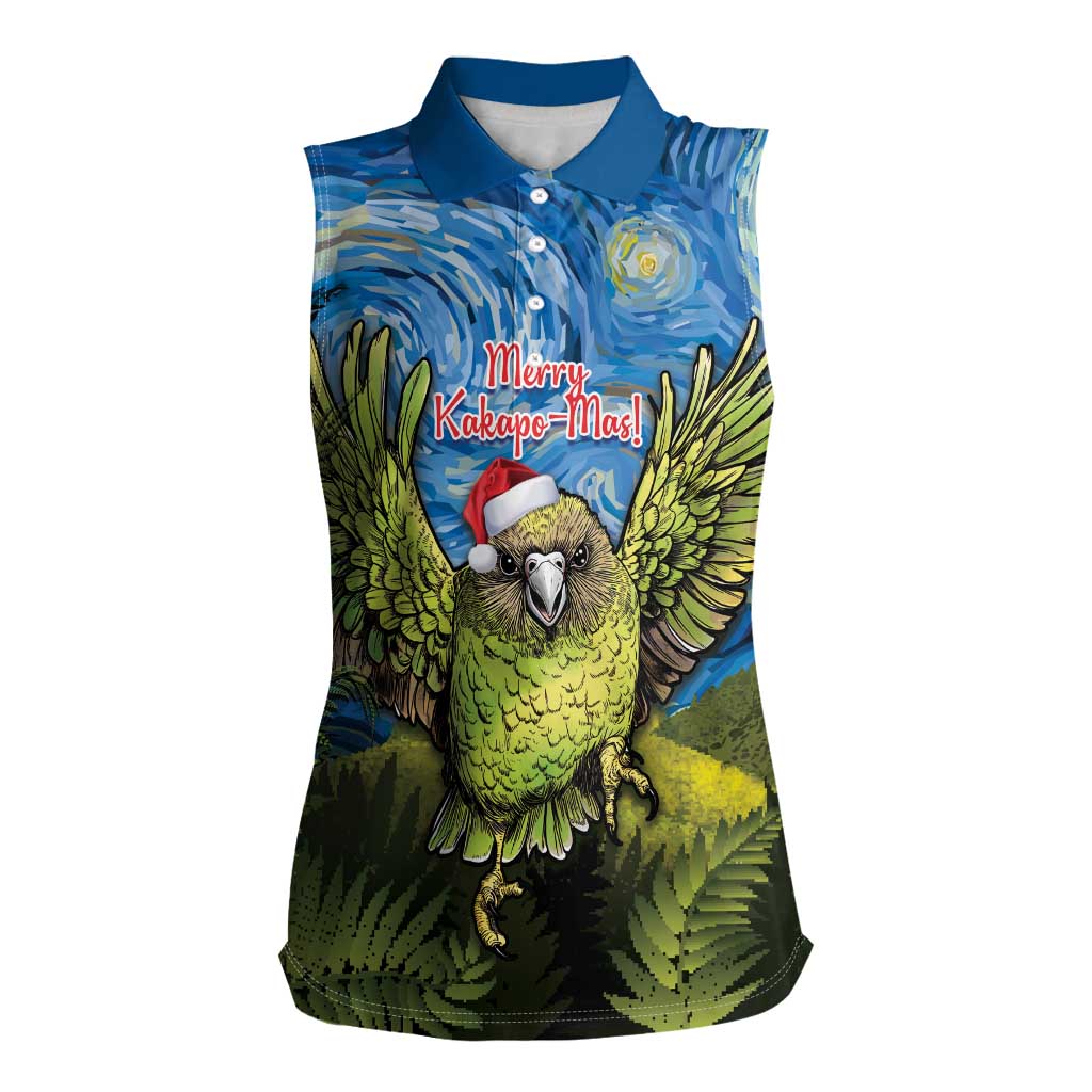 Personalised Jumping Kakapo Christmas Women Sleeveless Polo Shirt New Zealand Fern - Starry Night Style