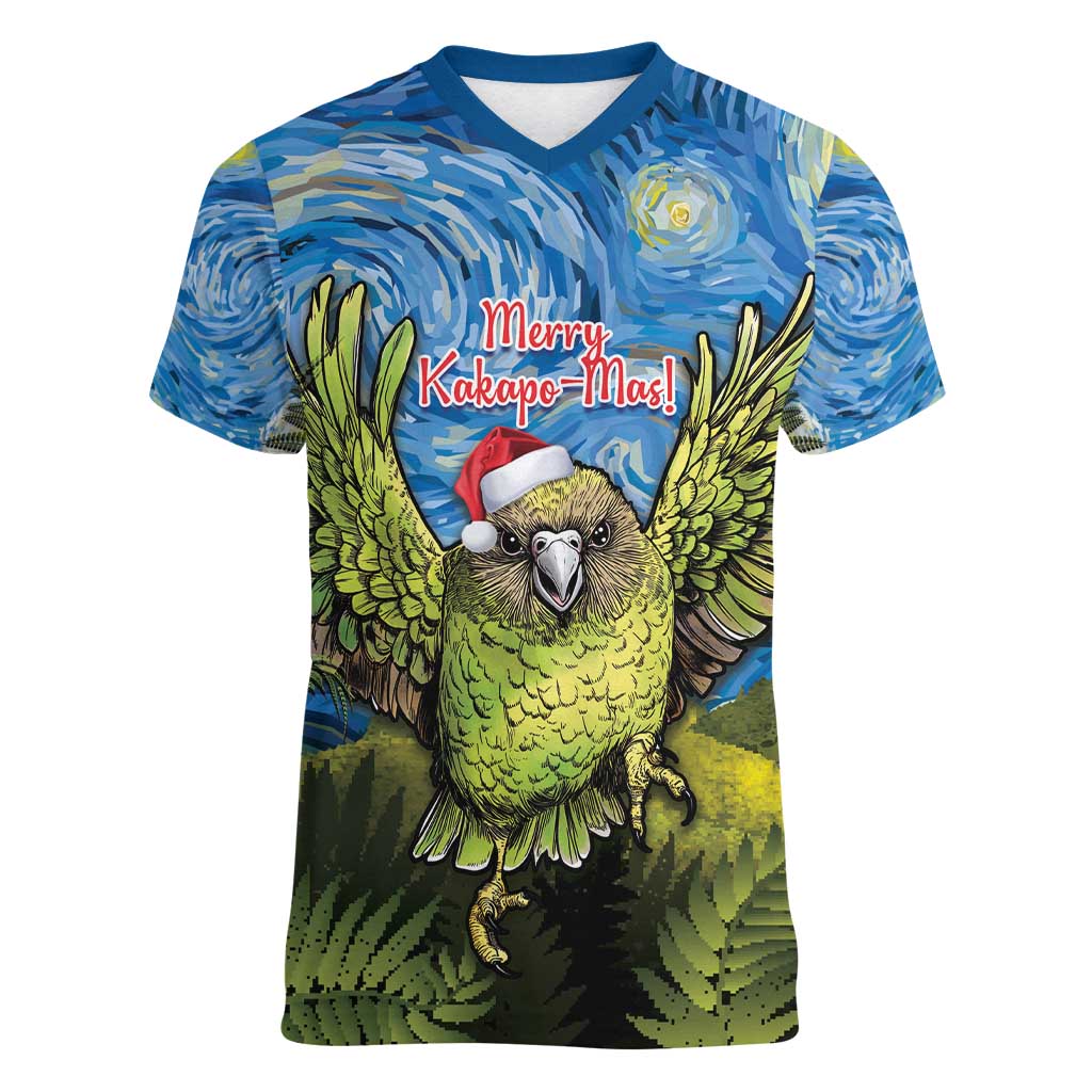 Personalised Jumping Kakapo Christmas Women V-Neck T-Shirt New Zealand Fern - Starry Night Style