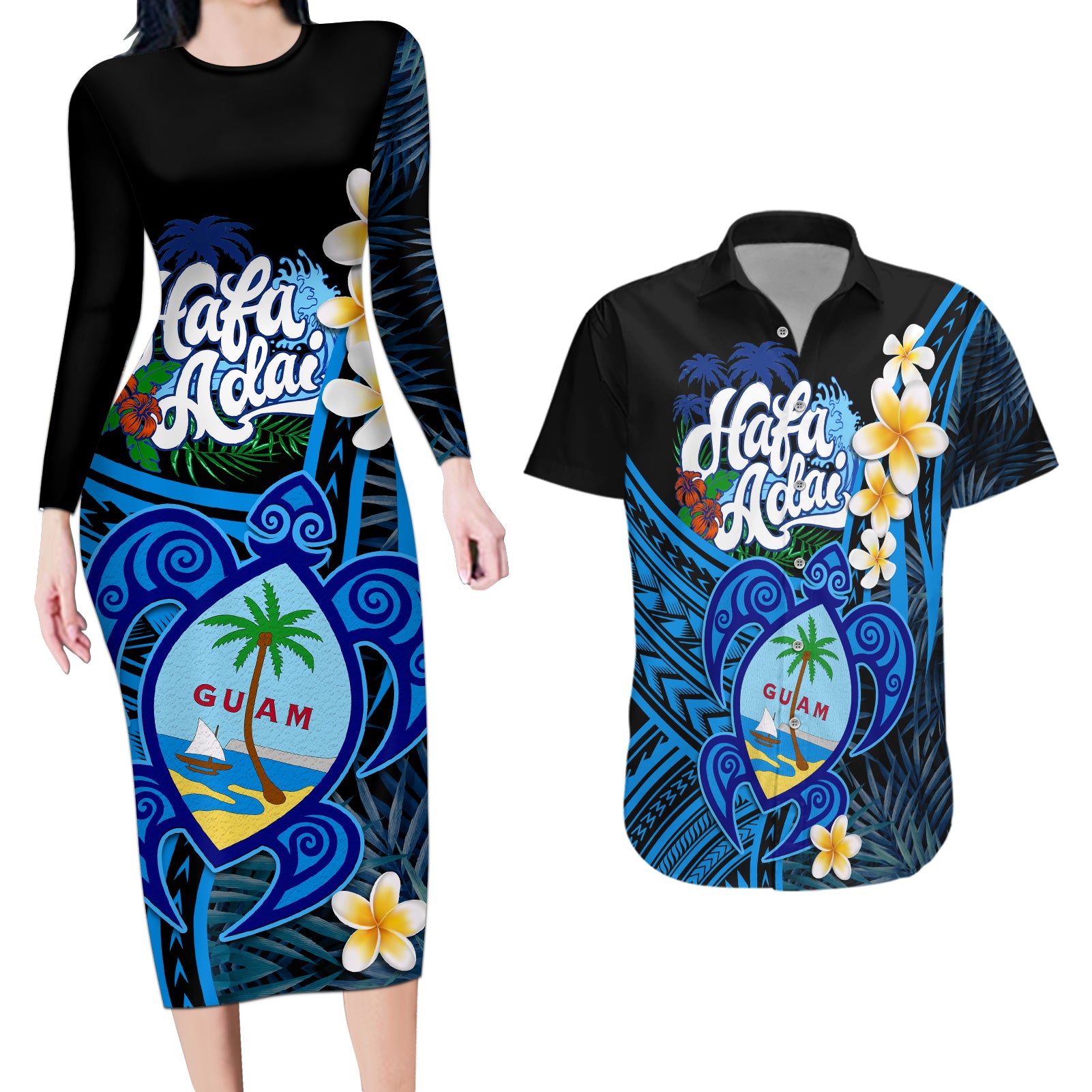 Hafa Adai Guam Couples Matching Long Sleeve Bodycon Dress and Hawaiian Shirt Guahan Sea Turtle Tropical Style LT14 Blue - Polynesian Pride