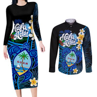 Hafa Adai Guam Couples Matching Long Sleeve Bodycon Dress and Long Sleeve Button Shirt Guahan Sea Turtle Tropical Style LT14 Blue - Polynesian Pride