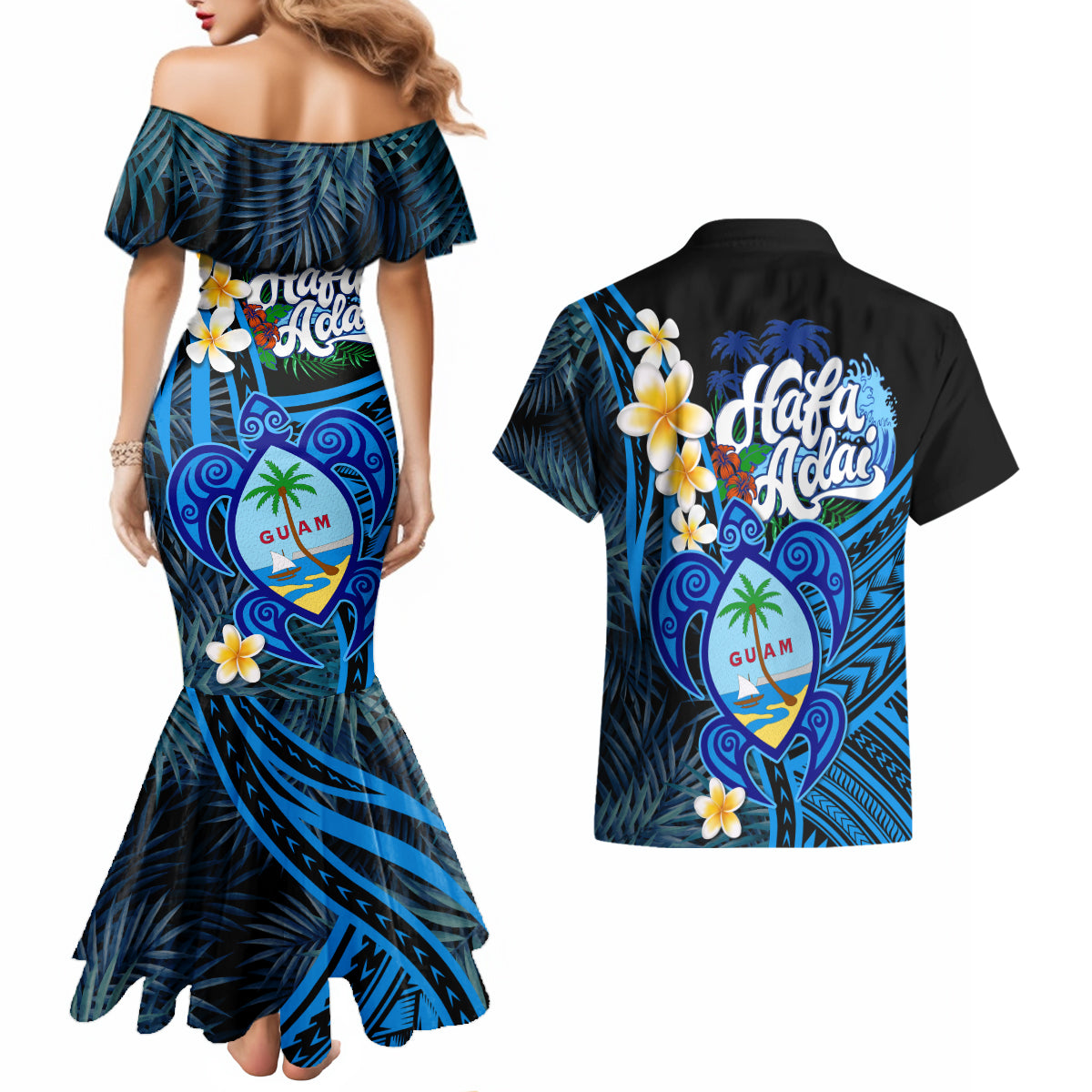 Hafa Adai Guam Couples Matching Mermaid Dress and Hawaiian Shirt Guahan Sea Turtle Tropical Style LT14 - Polynesian Pride