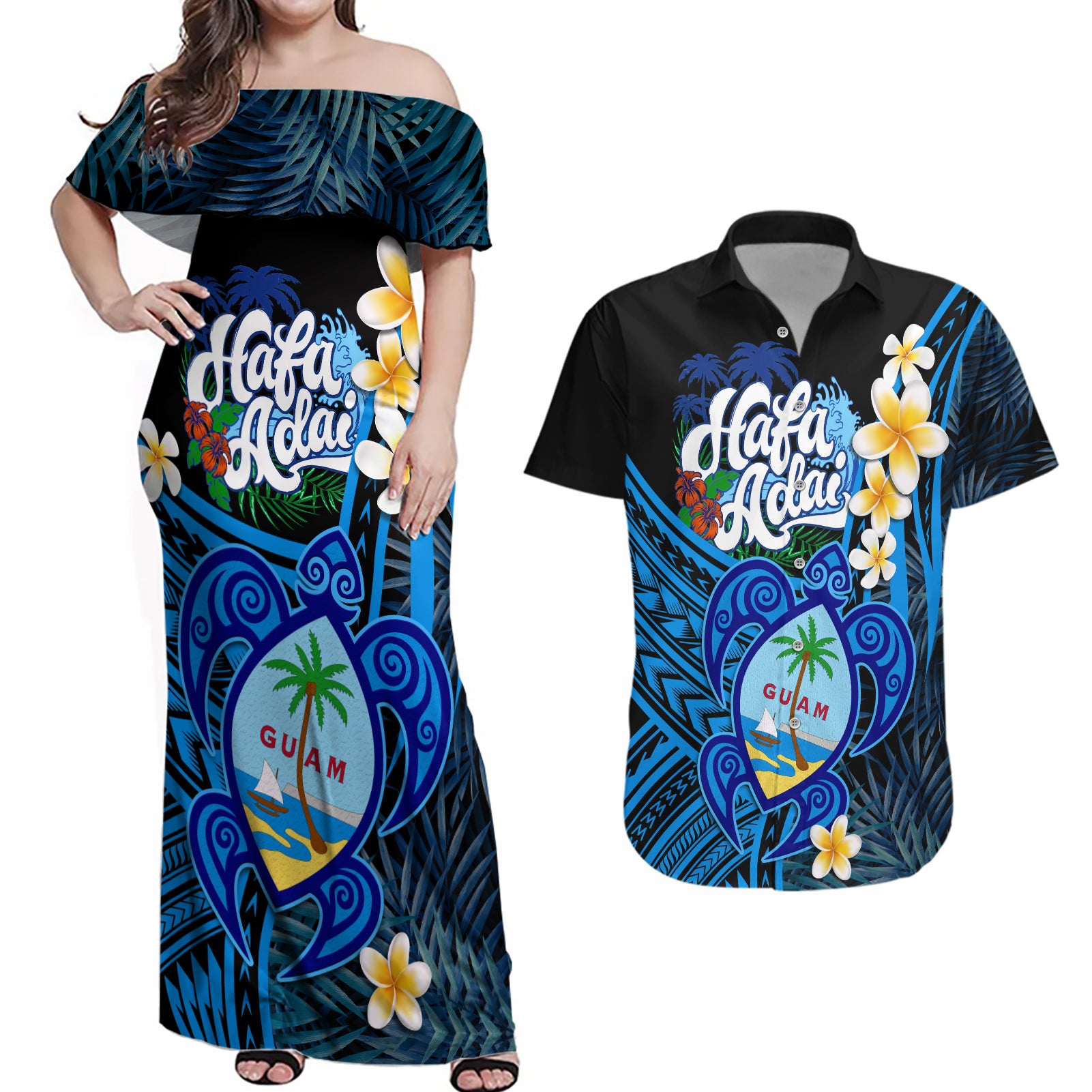 Hafa Adai Guam Couples Matching Off Shoulder Maxi Dress and Hawaiian Shirt Guahan Sea Turtle Tropical Style LT14 Blue - Polynesian Pride