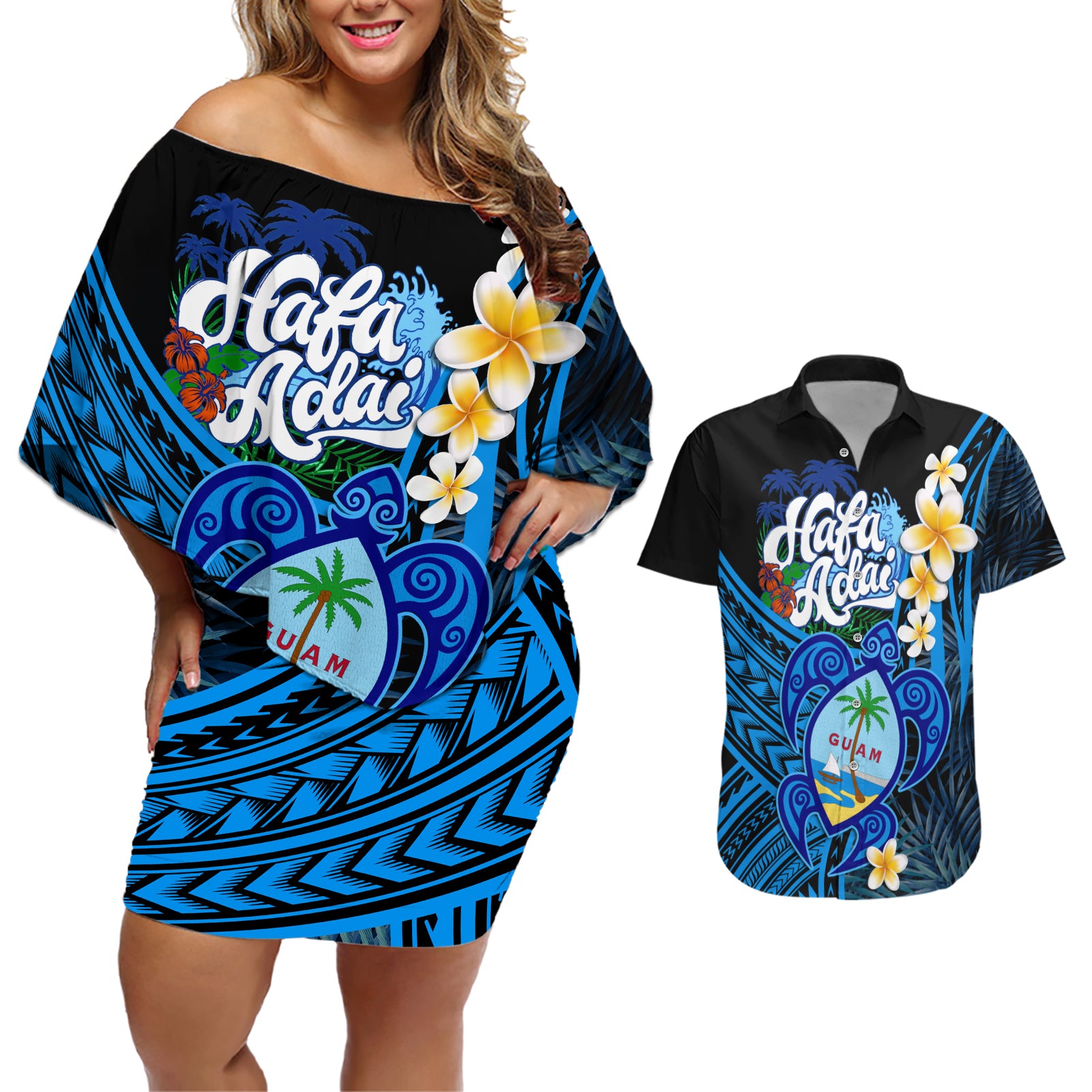 Hafa Adai Guam Couples Matching Off Shoulder Short Dress and Hawaiian Shirt Guahan Sea Turtle Tropical Style LT14 Blue - Polynesian Pride