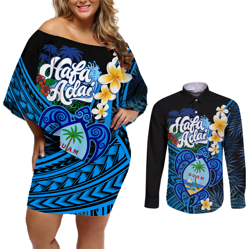 Hafa Adai Guam Couples Matching Off Shoulder Short Dress and Long Sleeve Button Shirt Guahan Sea Turtle Tropical Style LT14 Blue - Polynesian Pride