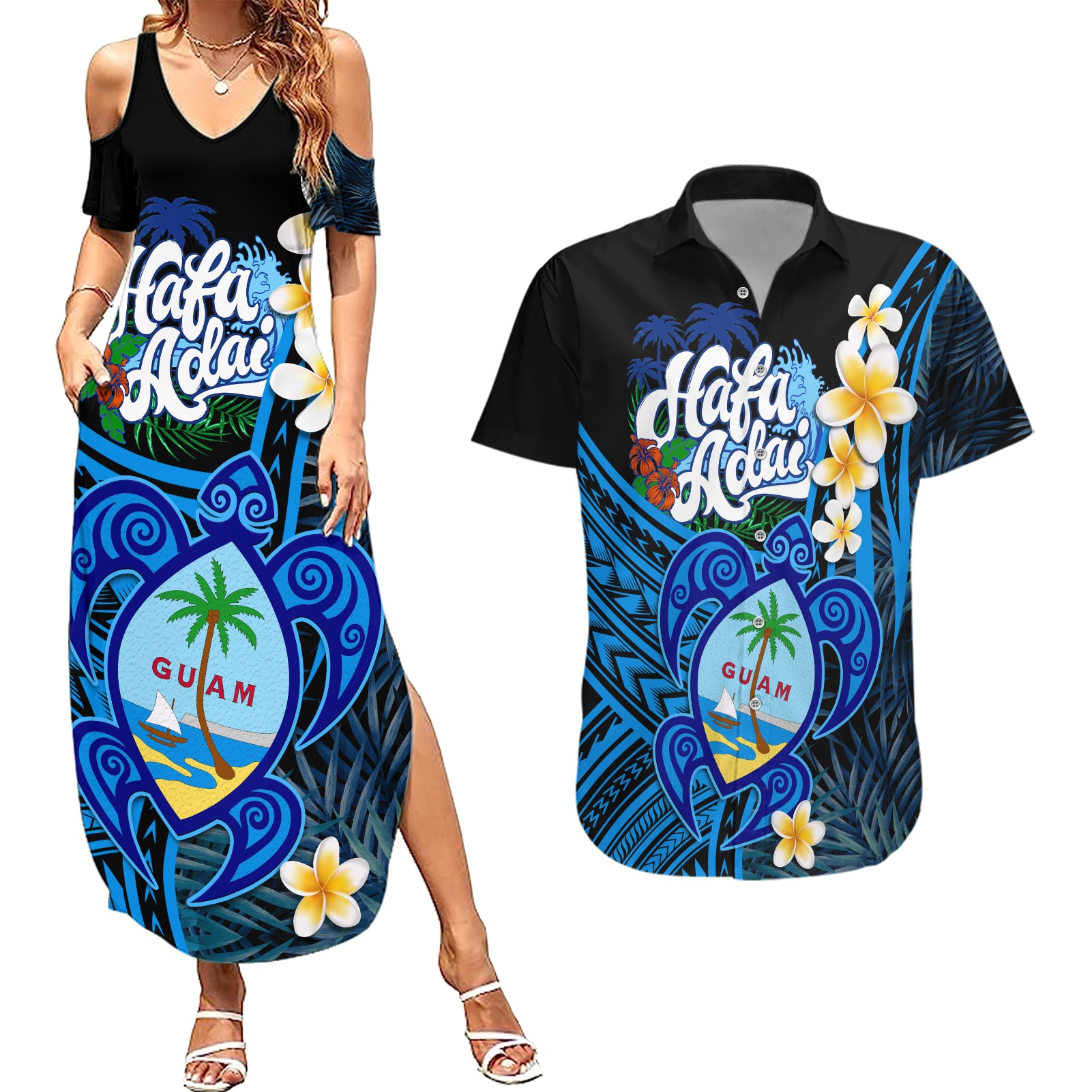 Hafa Adai Guam Couples Matching Summer Maxi Dress and Hawaiian Shirt Guahan Sea Turtle Tropical Style LT14 Blue - Polynesian Pride