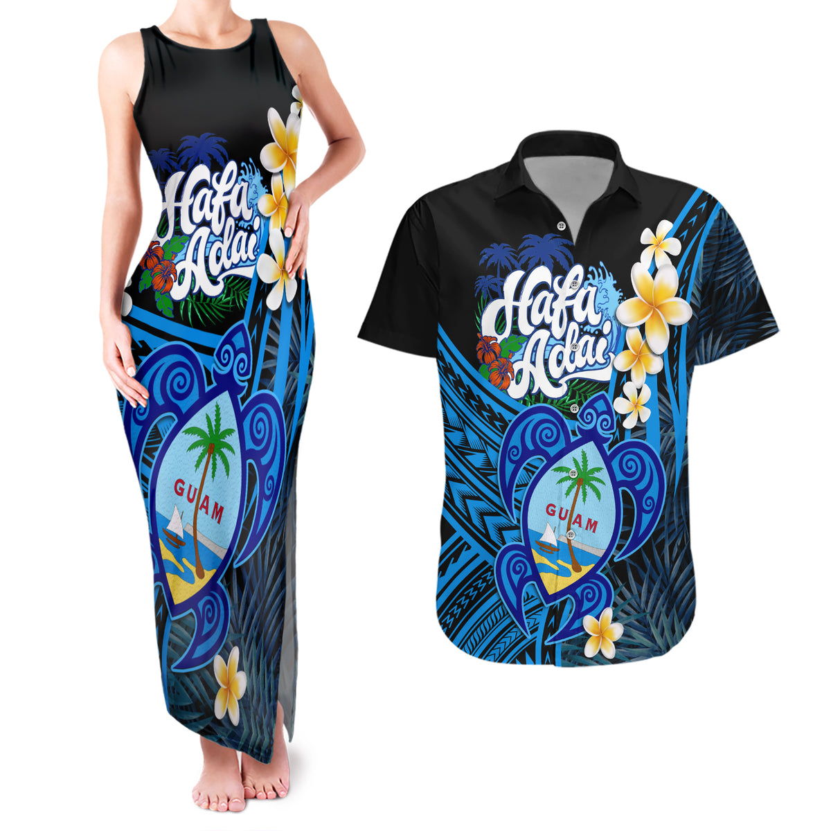 Hafa Adai Guam Couples Matching Tank Maxi Dress and Hawaiian Shirt Guahan Sea Turtle Tropical Style LT14 Blue - Polynesian Pride