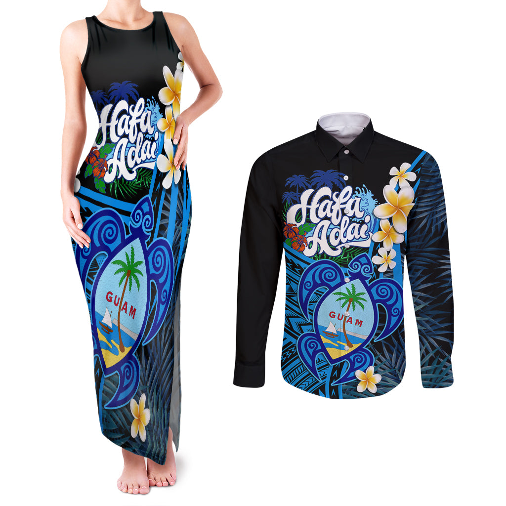Hafa Adai Guam Couples Matching Tank Maxi Dress and Long Sleeve Button Shirt Guahan Sea Turtle Tropical Style LT14 Blue - Polynesian Pride
