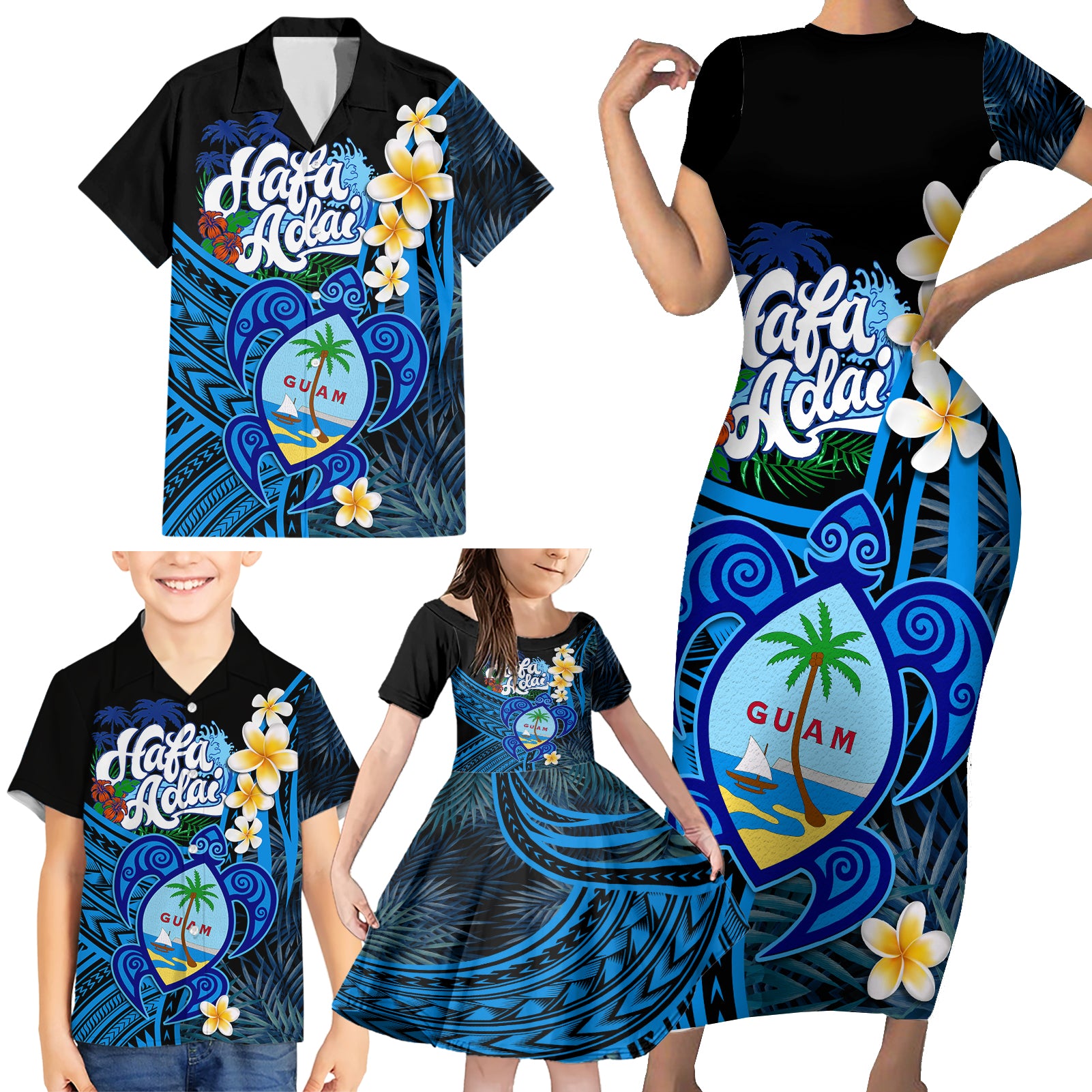 Hafa Adai Guam Family Matching Short Sleeve Bodycon Dress and Hawaiian Shirt Guahan Sea Turtle Tropical Style LT14 - Polynesian Pride