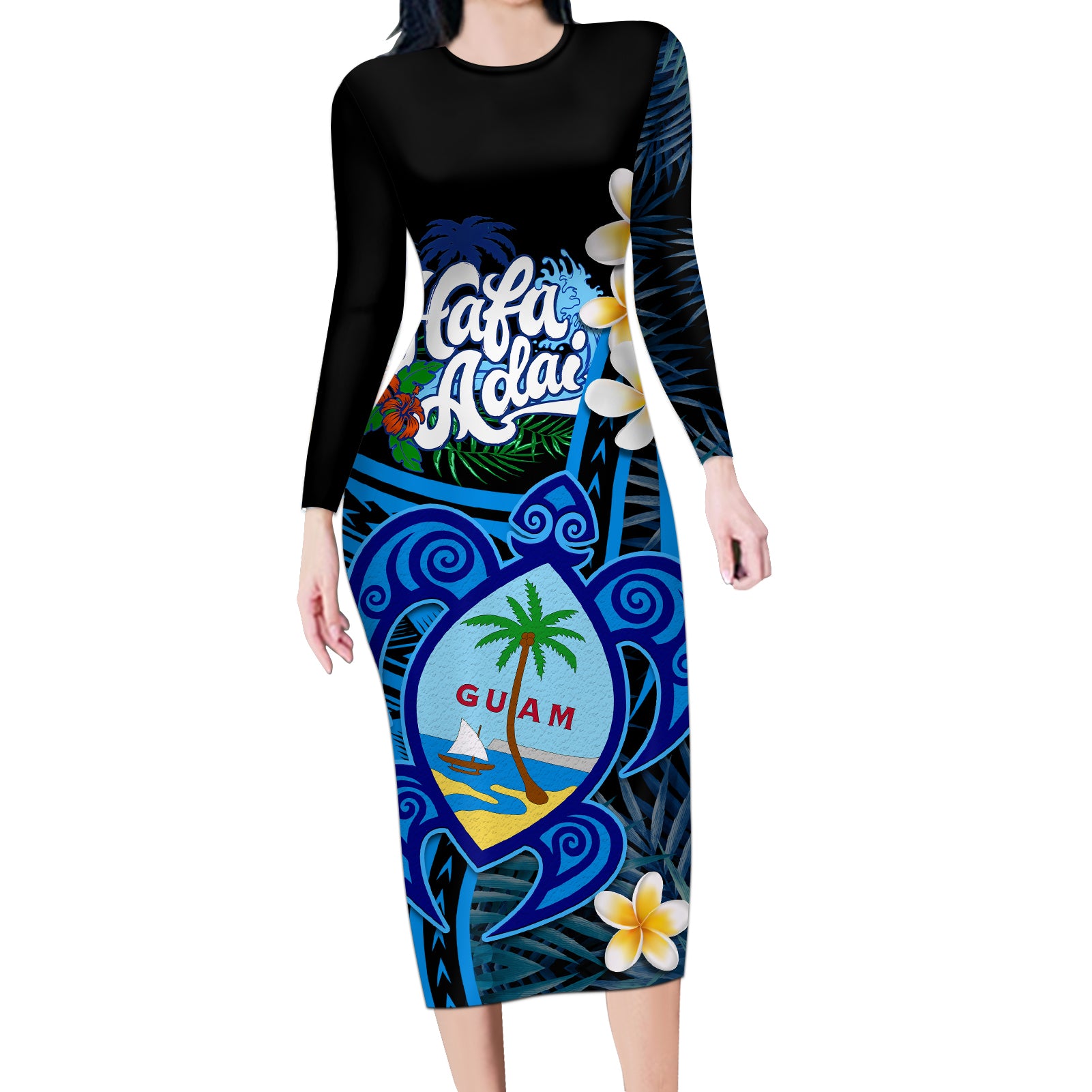 Hafa Adai Guam Long Sleeve Bodycon Dress Guahan Sea Turtle Tropical Style LT14 Long Dress Blue - Polynesian Pride