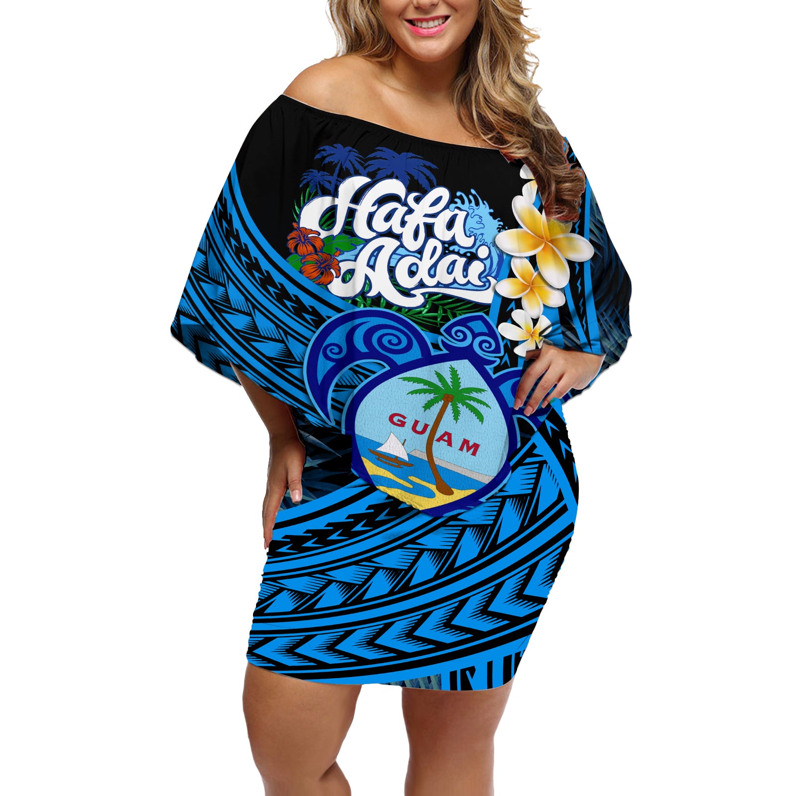 Hafa Adai Guam Off Shoulder Short Dress Guahan Sea Turtle Tropical Style LT14 Women Blue - Polynesian Pride