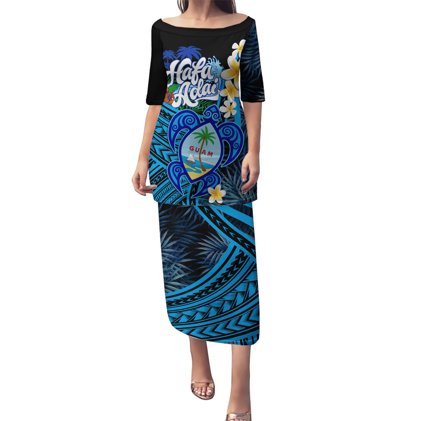 Hafa Adai Guam Puletasi Guahan Sea Turtle Tropical Style LT14 Long Dress Blue - Polynesian Pride