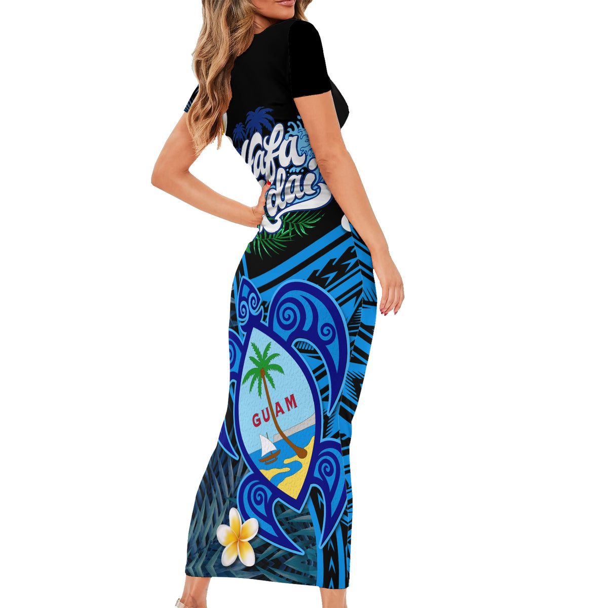 Hafa Adai Guam Short Sleeve Bodycon Dress Guahan Sea Turtle Tropical Style LT14 - Polynesian Pride
