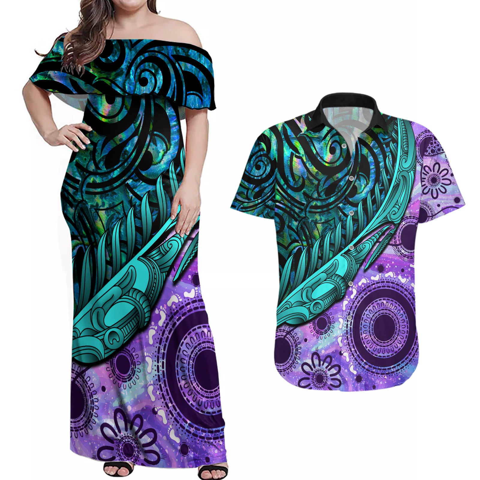 New Zealand Paua Shell With Australia Opal Unique Combine Couples Matching Off Shoulder Maxi Dress and Hawaiian Shirt LT14 Green - Polynesian Pride