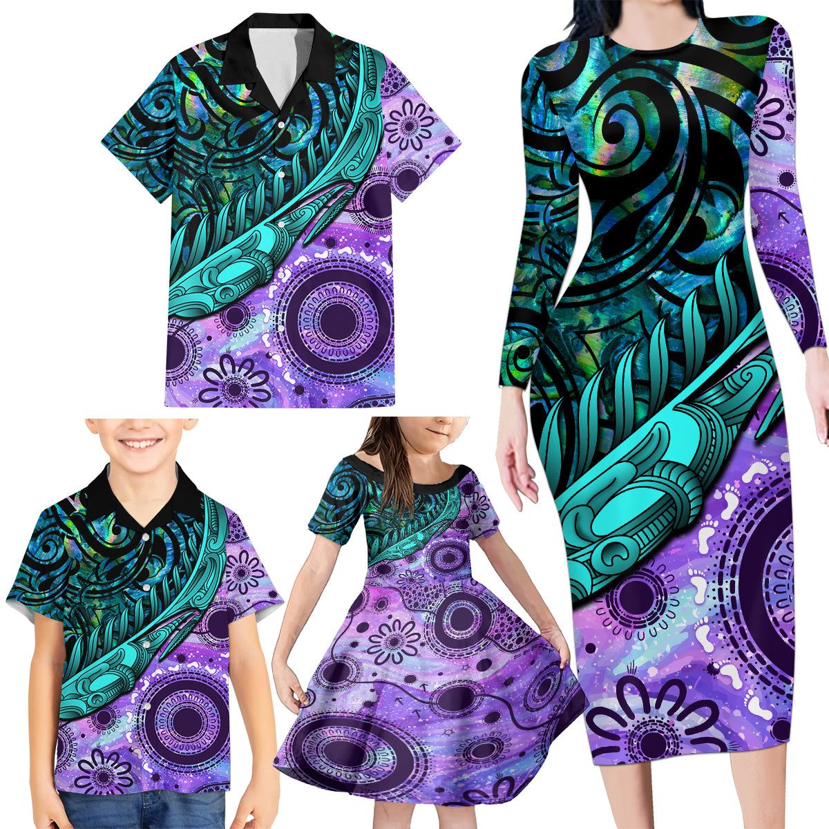 New Zealand Paua Shell With Australia Opal Unique Combine Family Matching Long Sleeve Bodycon Dress and Hawaiian Shirt LT14 - Polynesian Pride