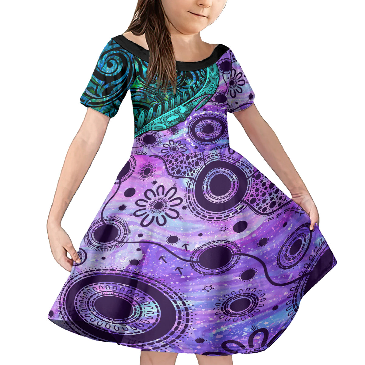 New Zealand Paua Shell With Australia Opal Unique Combine Family Matching Mermaid Dress and Hawaiian Shirt LT14 Daughter's Dress Green - Polynesian Pride