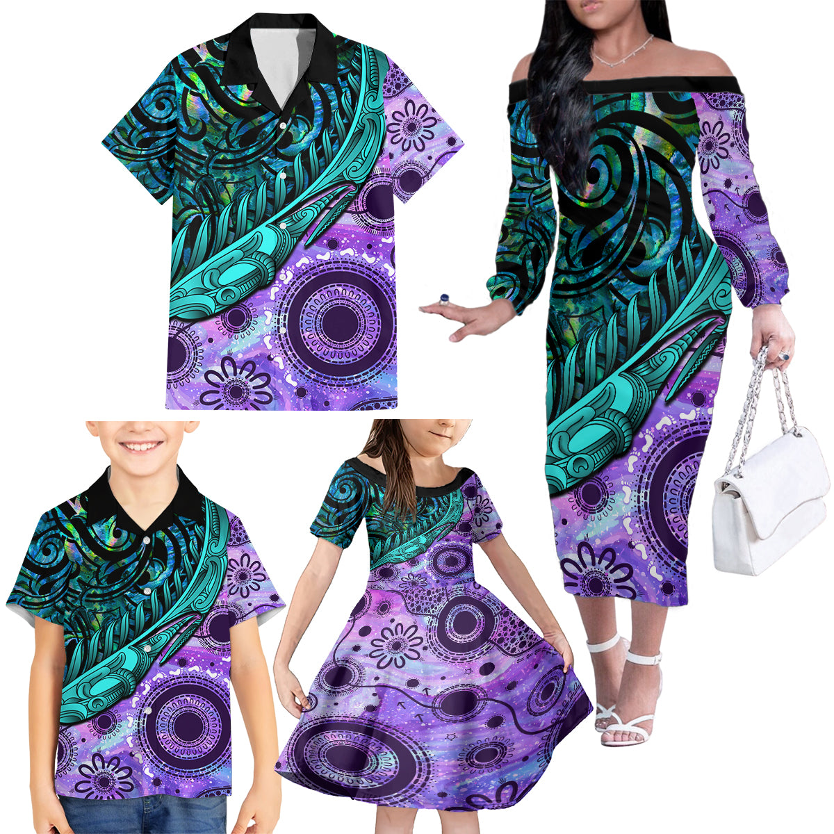 New Zealand Paua Shell With Australia Opal Unique Combine Family Matching Off Shoulder Long Sleeve Dress and Hawaiian Shirt LT14 - Polynesian Pride