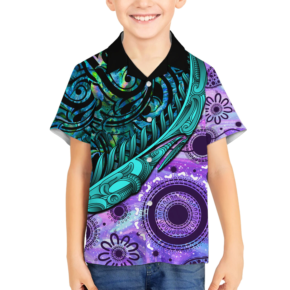 New Zealand Paua Shell With Australia Opal Unique Combine Family Matching Off Shoulder Short Dress and Hawaiian Shirt LT14 Son's Shirt Green - Polynesian Pride
