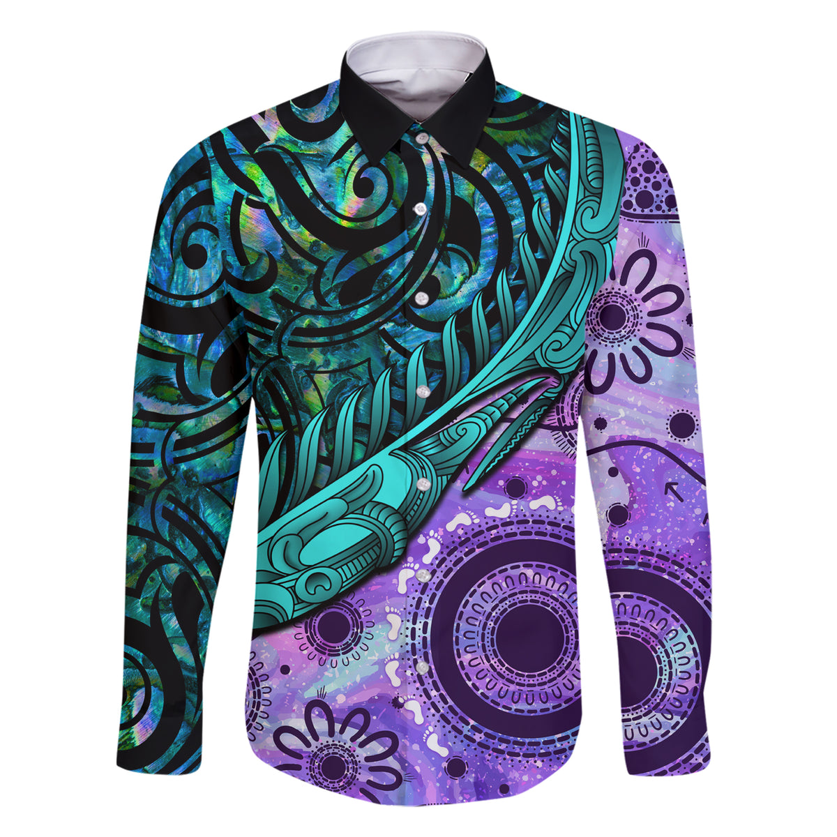 New Zealand Paua Shell With Australia Opal Unique Combine Family Matching Short Sleeve Bodycon Dress and Hawaiian Shirt LT14 Dad's Shirt - Long Sleeve Green - Polynesian Pride