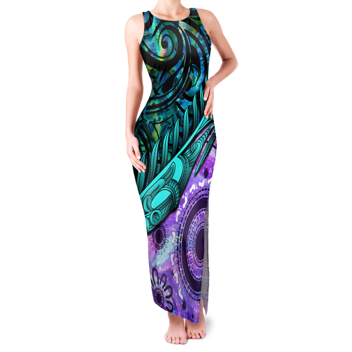 New Zealand Paua Shell With Australia Opal Unique Combine Family Matching Tank Maxi Dress and Hawaiian Shirt LT14 Mom's Dress Green - Polynesian Pride