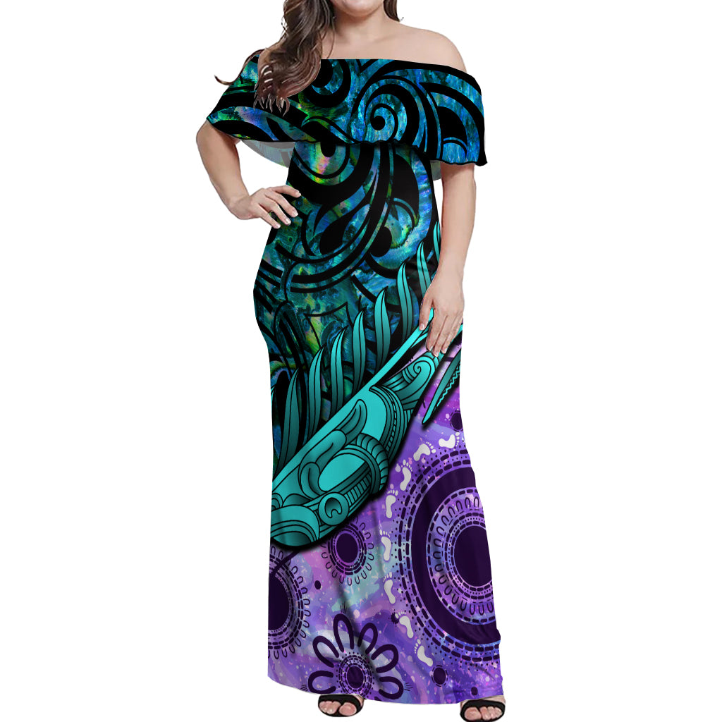 New Zealand Paua Shell With Australia Opal Unique Combine Off Shoulder Maxi Dress LT14 Women Green - Polynesian Pride