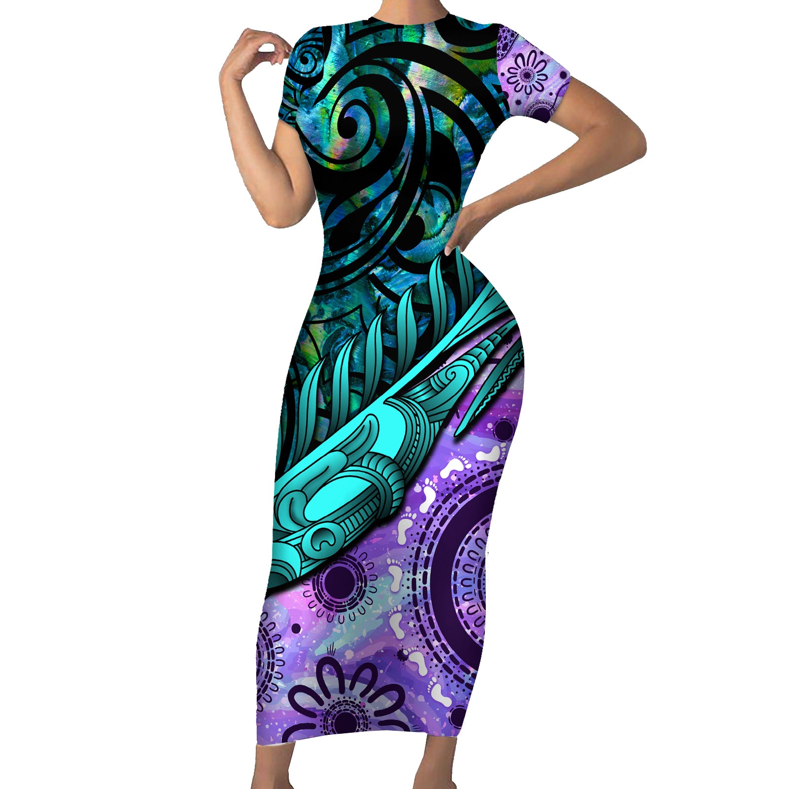 New Zealand Paua Shell With Australia Opal Unique Combine Short Sleeve Bodycon Dress LT14 Long Dress Green - Polynesian Pride