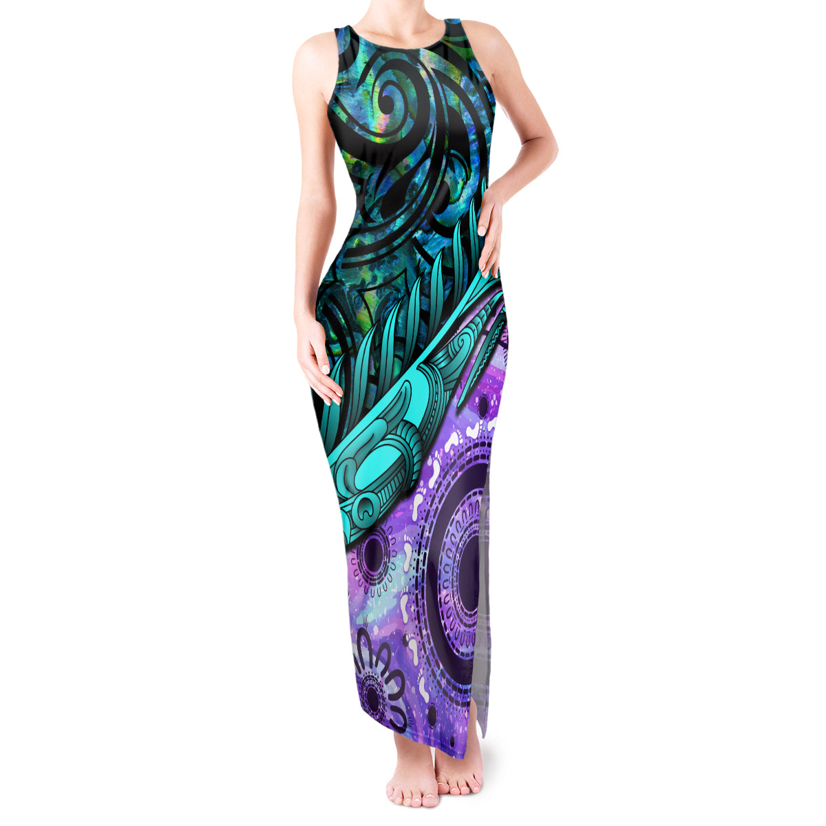 New Zealand Paua Shell With Australia Opal Unique Combine Tank Maxi Dress LT14 Women Green - Polynesian Pride