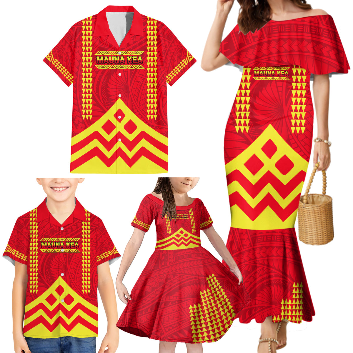 Hawaii Mauna Kea Family Matching Mermaid Dress and Hawaiian Shirt Hawaiian Kakau Tribal Pattern LT14 - Polynesian Pride