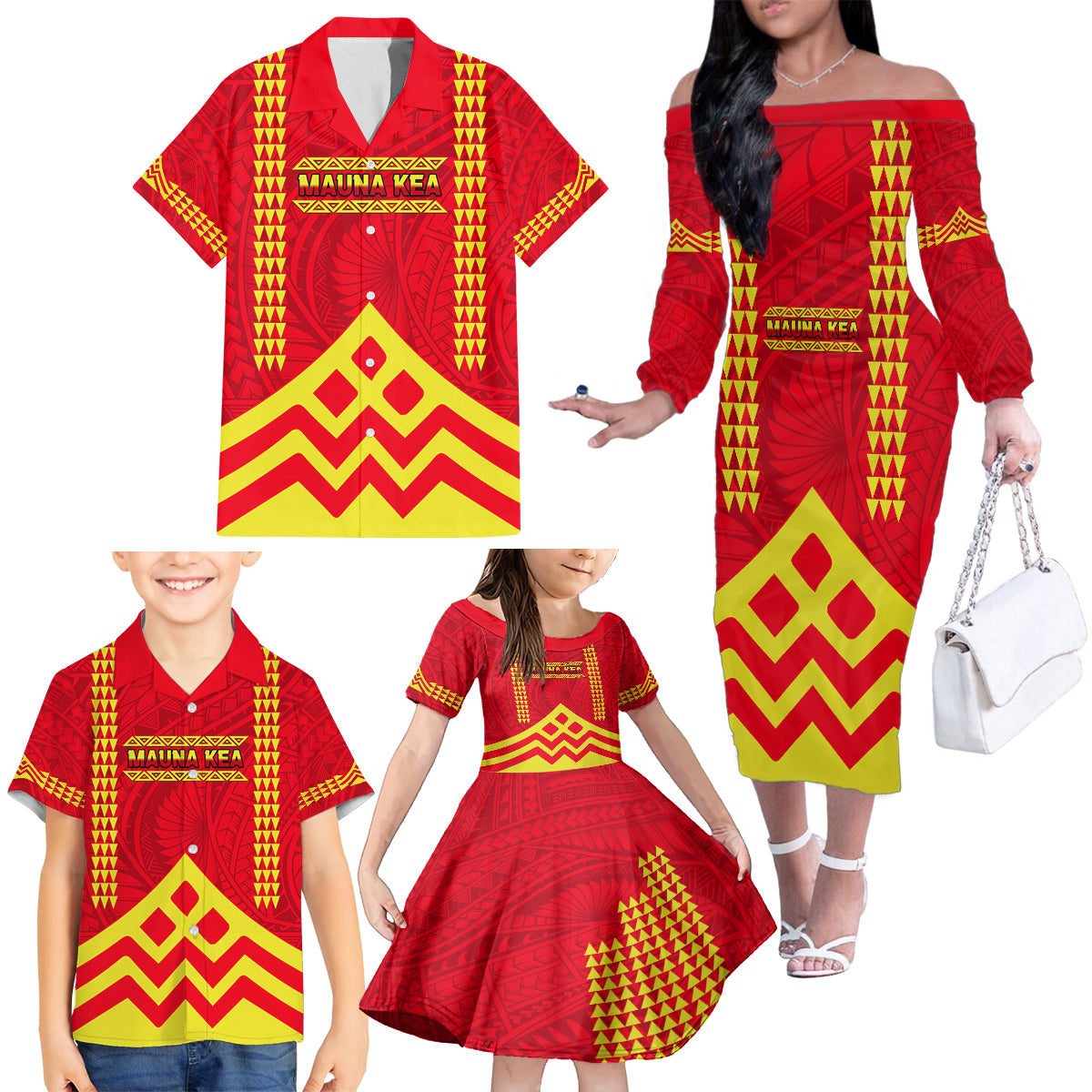 Hawaii Mauna Kea Family Matching Off Shoulder Long Sleeve Dress and Hawaiian Shirt Hawaiian Kakau Tribal Pattern LT14 - Polynesian Pride