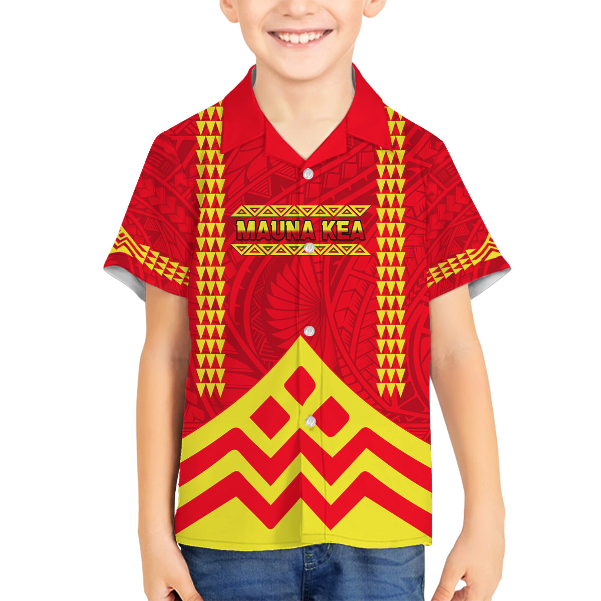 Hawaii Mauna Kea Family Matching Off Shoulder Maxi Dress and Hawaiian Shirt Hawaiian Kakau Tribal Pattern LT14 Son's Shirt Red - Polynesian Pride