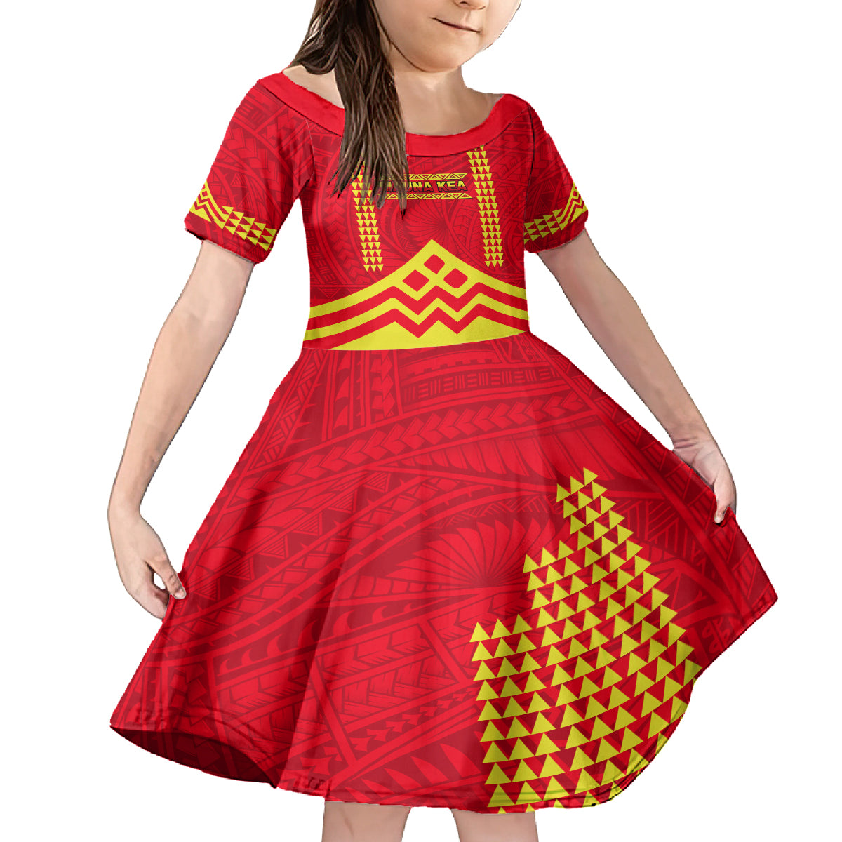 Hawaii Mauna Kea Family Matching Off Shoulder Short Dress and Hawaiian Shirt Hawaiian Kakau Tribal Pattern LT14 Daughter's Dress Red - Polynesian Pride