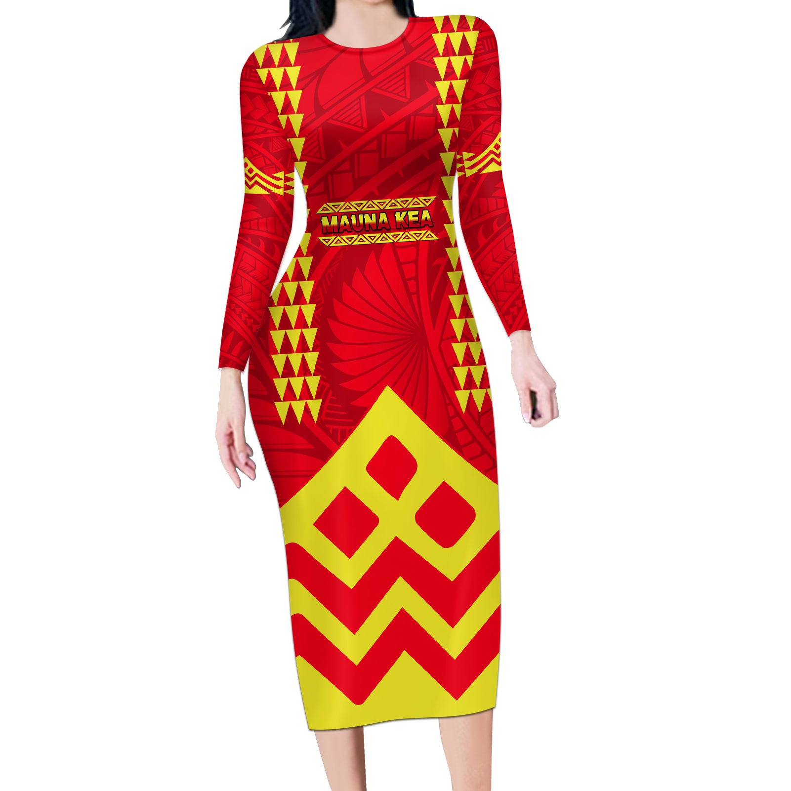 Hawaii Mauna Kea Long Sleeve Bodycon Dress Hawaiian Kakau Tribal Pattern LT14 Long Dress Red - Polynesian Pride