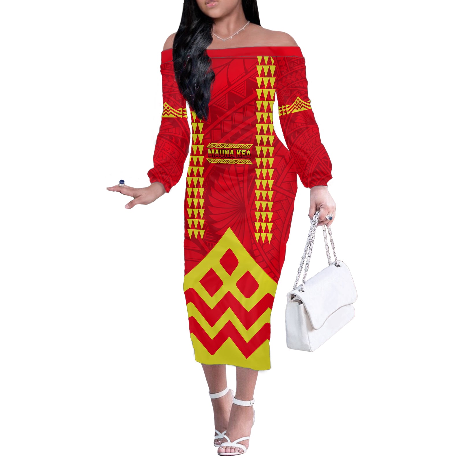 Hawaii Mauna Kea Off The Shoulder Long Sleeve Dress Hawaiian Kakau Tribal Pattern LT14 Women Red - Polynesian Pride