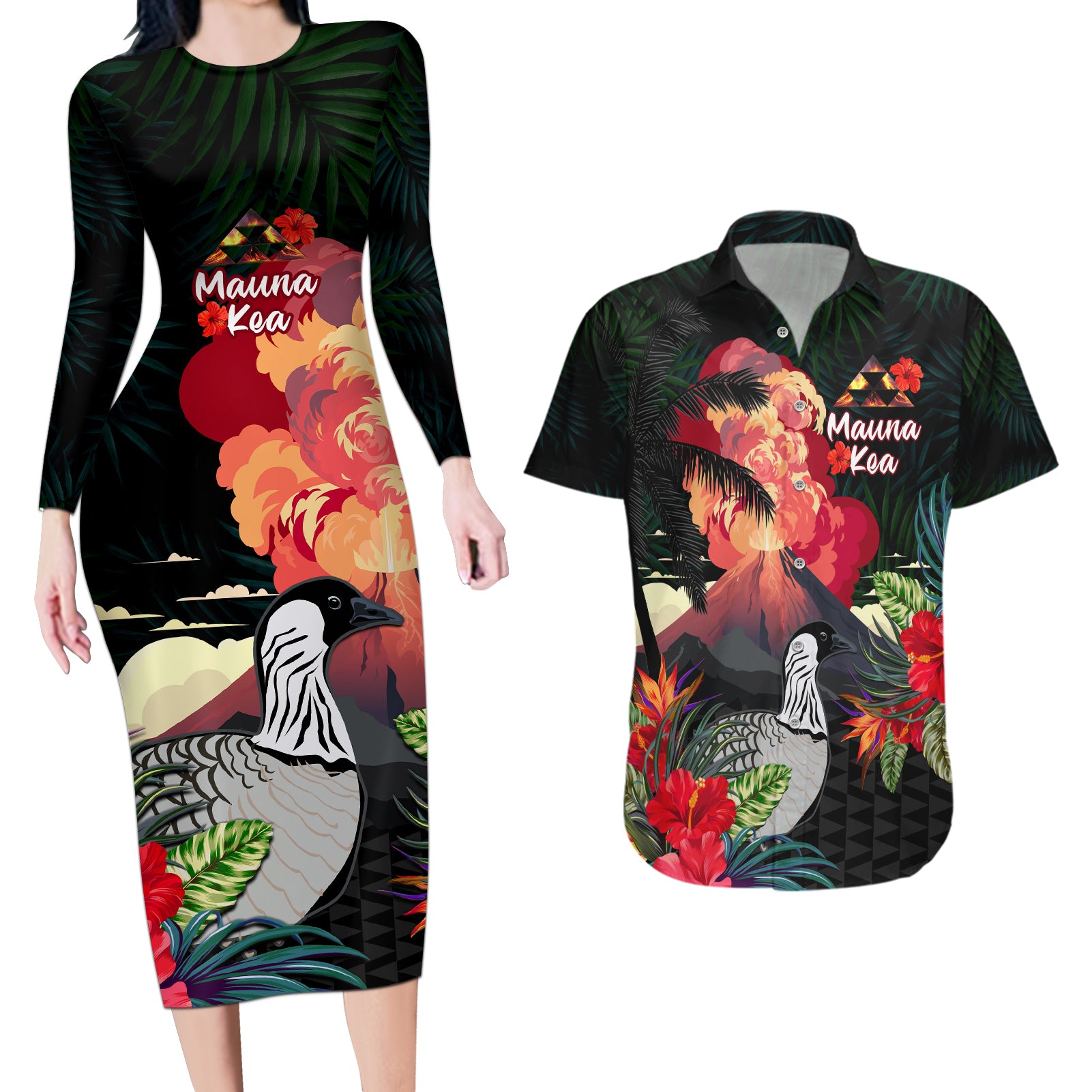 Hawaii Mauna Kea Couples Matching Long Sleeve Bodycon Dress and Hawaiian Shirt White Mountain With Nene Tropical Vibes LT14 Black - Polynesian Pride