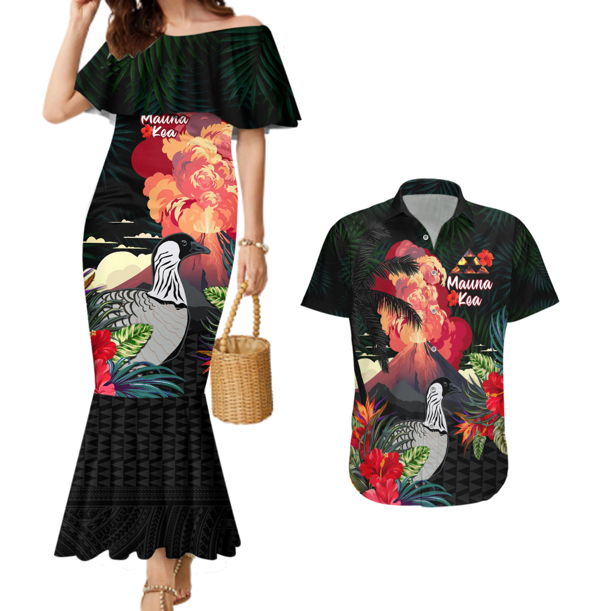 Hawaii Mauna Kea Couples Matching Mermaid Dress and Hawaiian Shirt White Mountain With Nene Tropical Vibes LT14 Black - Polynesian Pride